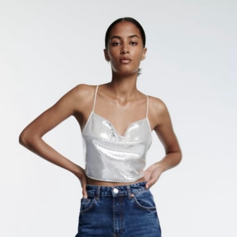 Silver Shimmery Crop Too - Zara - Size Small